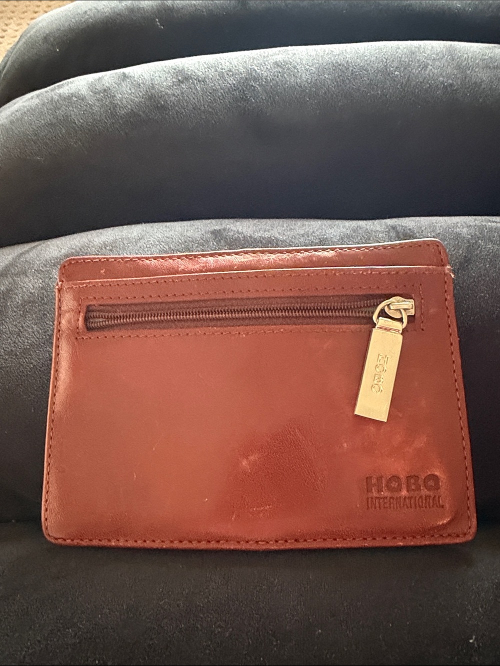 HOBO Brown Leather Card Holder with Front Zip and Logo